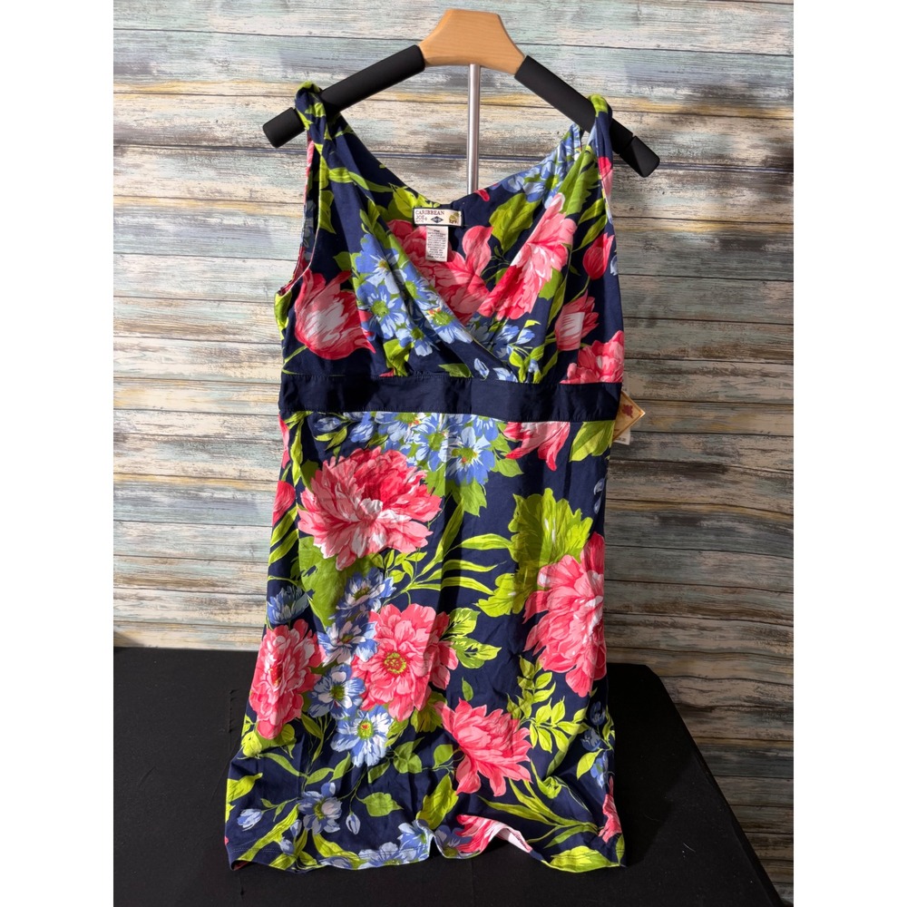 Caribbean Joe Floral Dress PM Military Blue NEW Petite Sleeveless Empire Waist - Picture 2 of 5